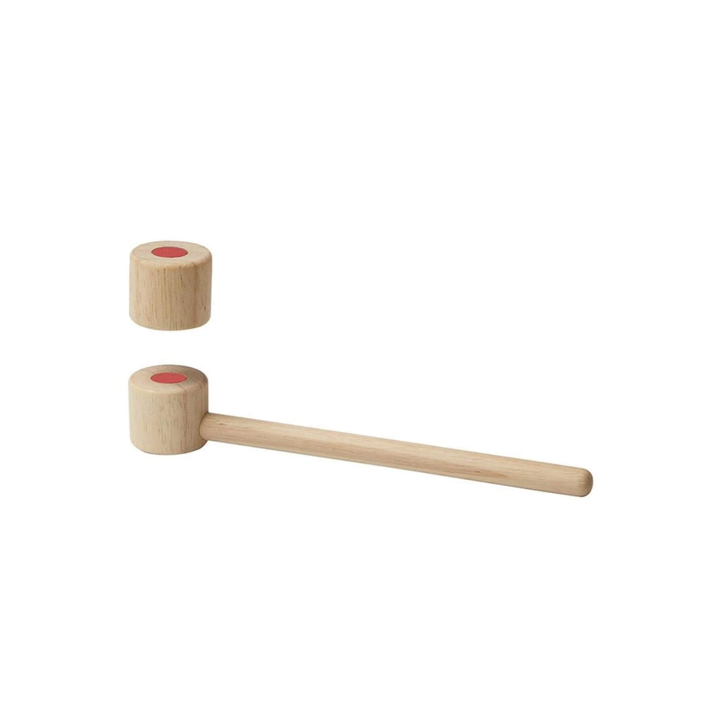 Wooden mallet with a red dot on a white background