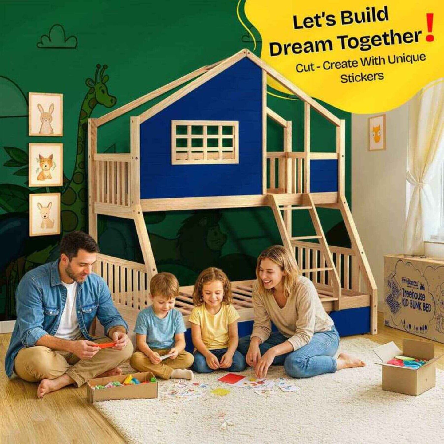 Family playing with Megsu Treehouse Kid Bunk Bed navy in a room with educational posters on the wall.