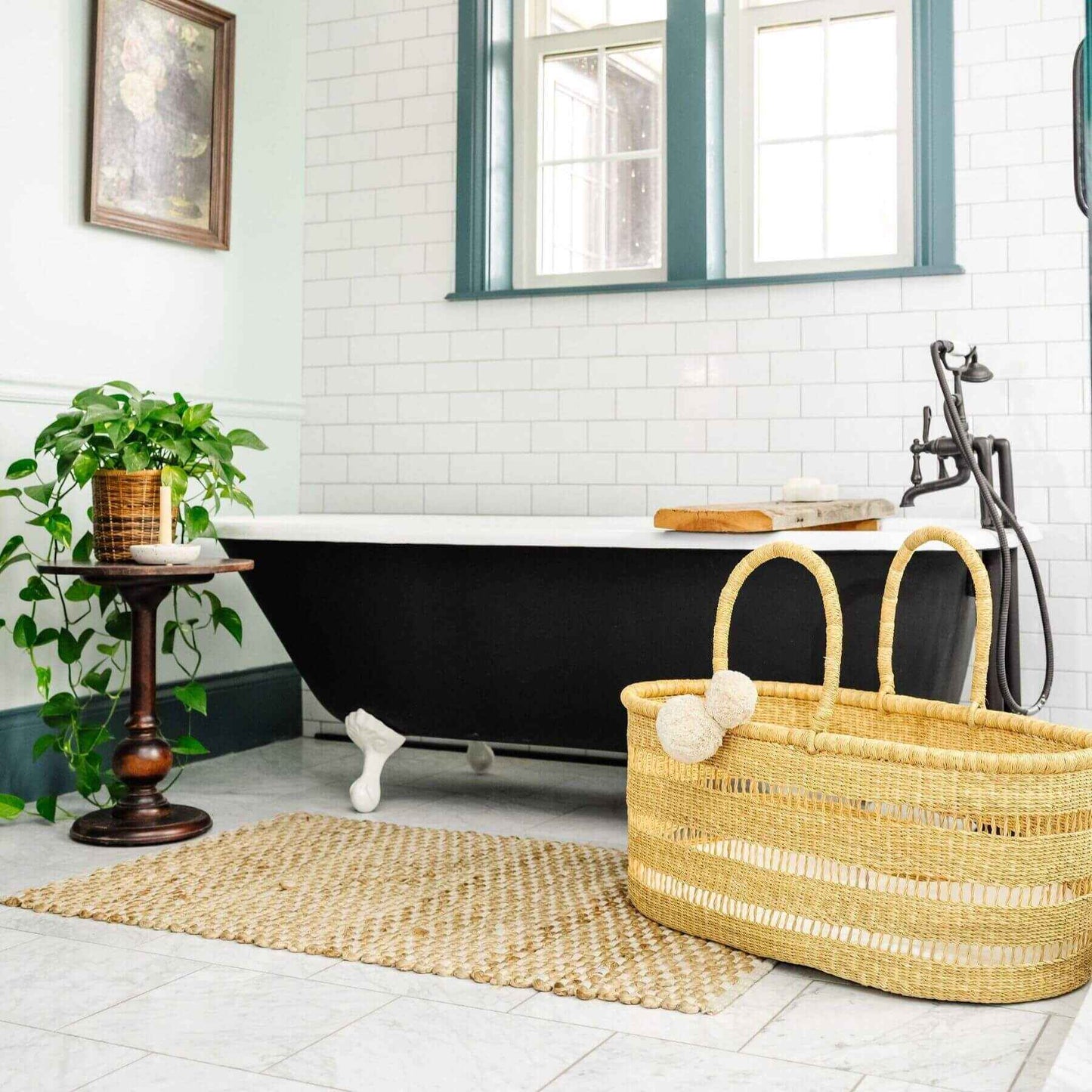 Modern Open Weave African Moses Basket Vegan Handle (No Hood) in Bathroom with a black freestanding bathtub, and plant.