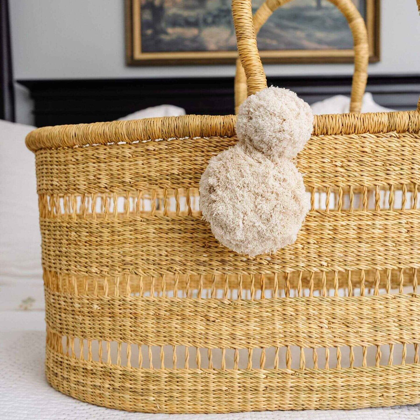 Close-up of Modern Open Weave African Moses Basket Vegan Handle (No Hood)