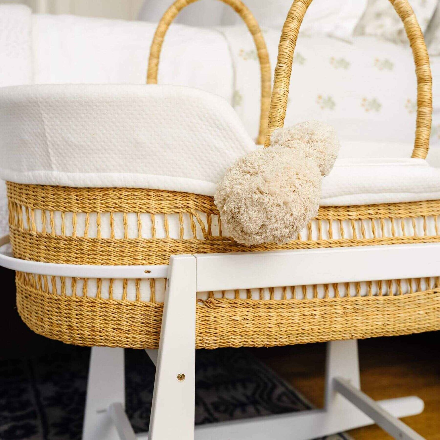 Modern Open Weave African Moses Basket Vegan Handle on a wooden floor.