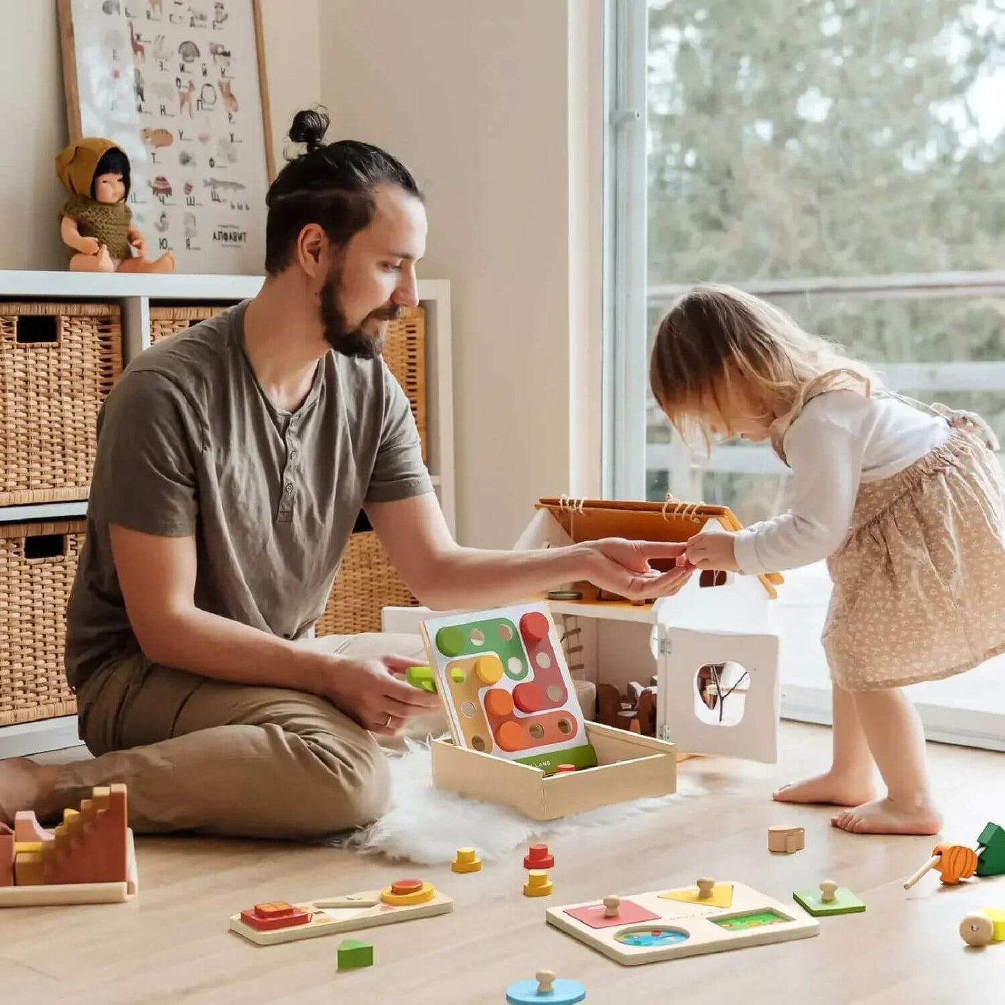 Dad & Girl Playing Tiny Land® Montessori Toys Set for Toddlers