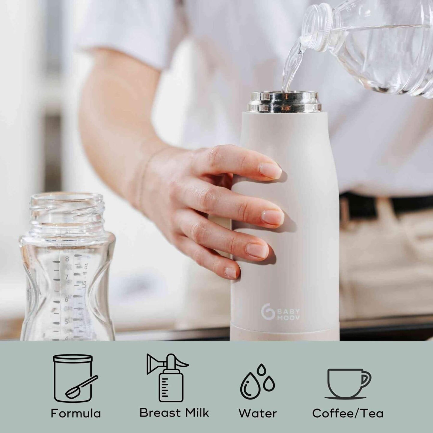 Person pouring liquid into Moov & Feed Portable Milk and Water Warmer with icons below for formula, breast milk, water, and coffee/tea.