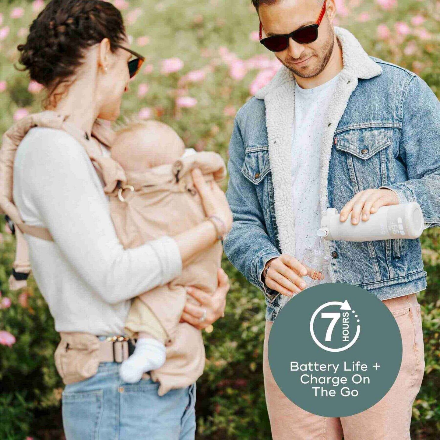 Woman carrying a baby in a sling and man holding Moov & Feed Portable Milk and Water Warmer with a product feature overlay.
