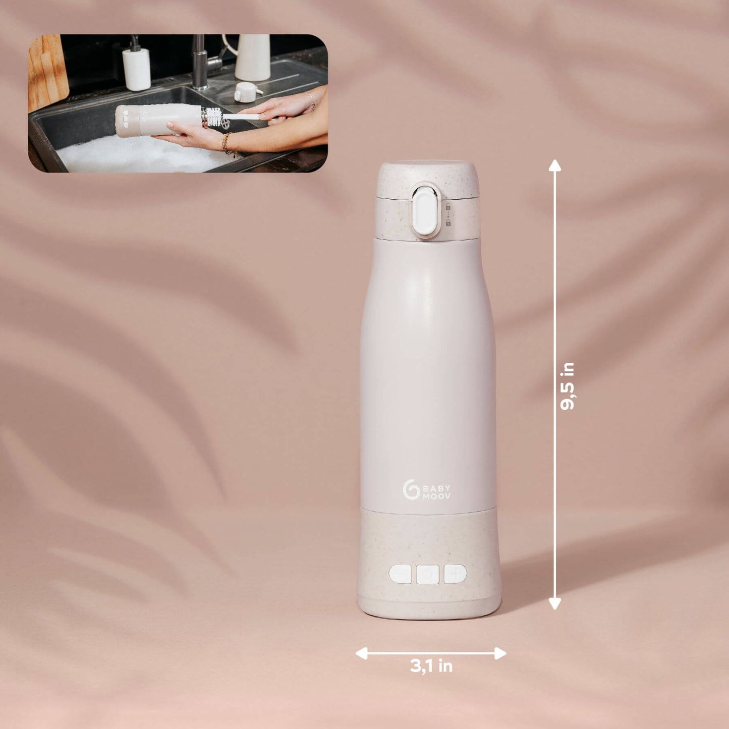 Moov & Feed Portable Milk and Water Warmer with measurement details on a beige background