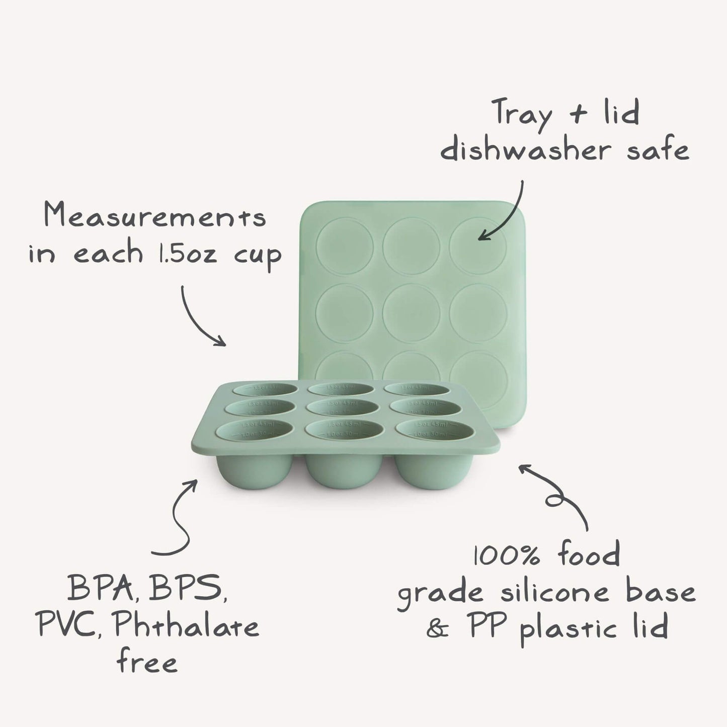 Mushie Baby Food Freezer Tray Cambridge Blue with text highlighting features