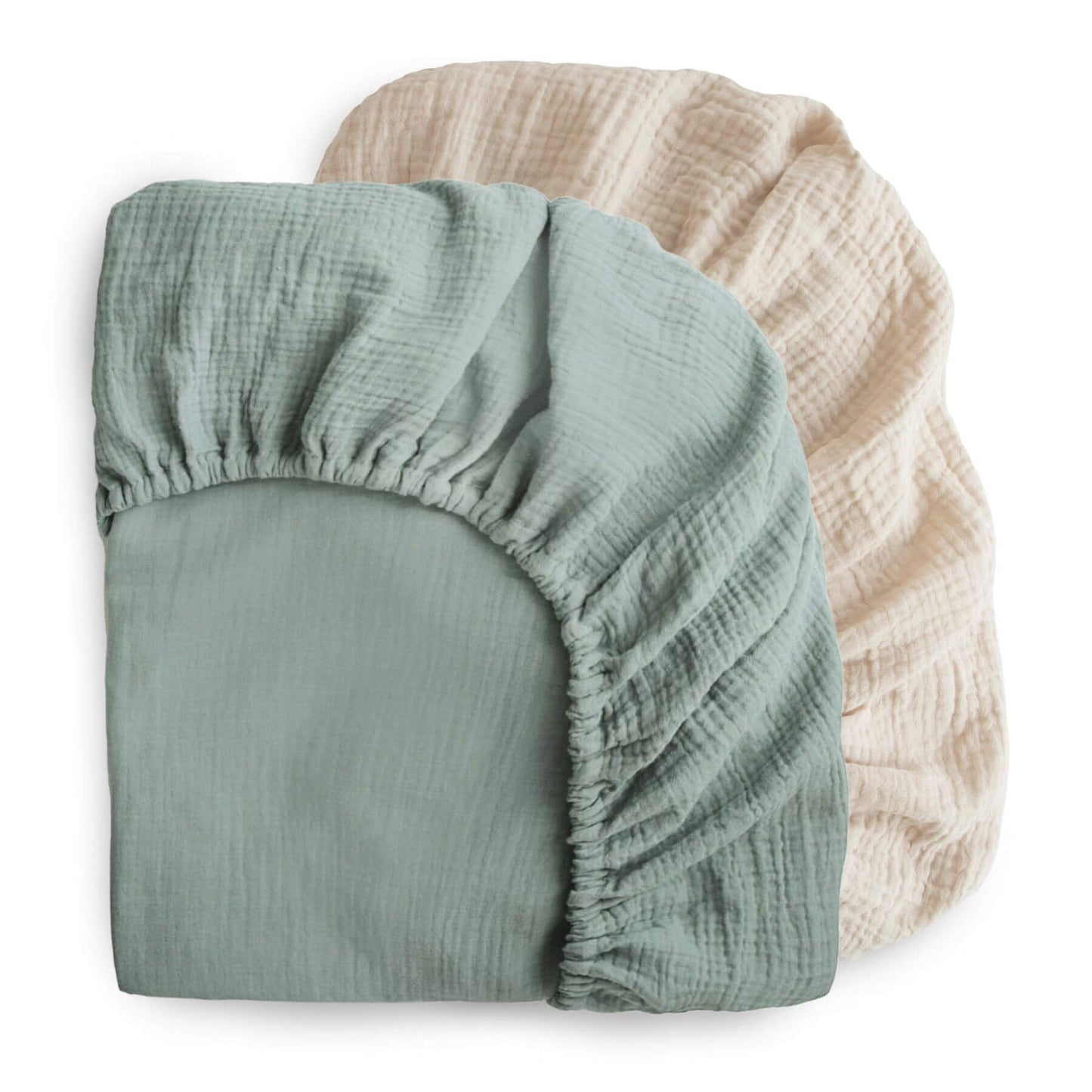 Mushie Extra Soft Muslin Crib Sheet - 2 Pack, one green and one fog