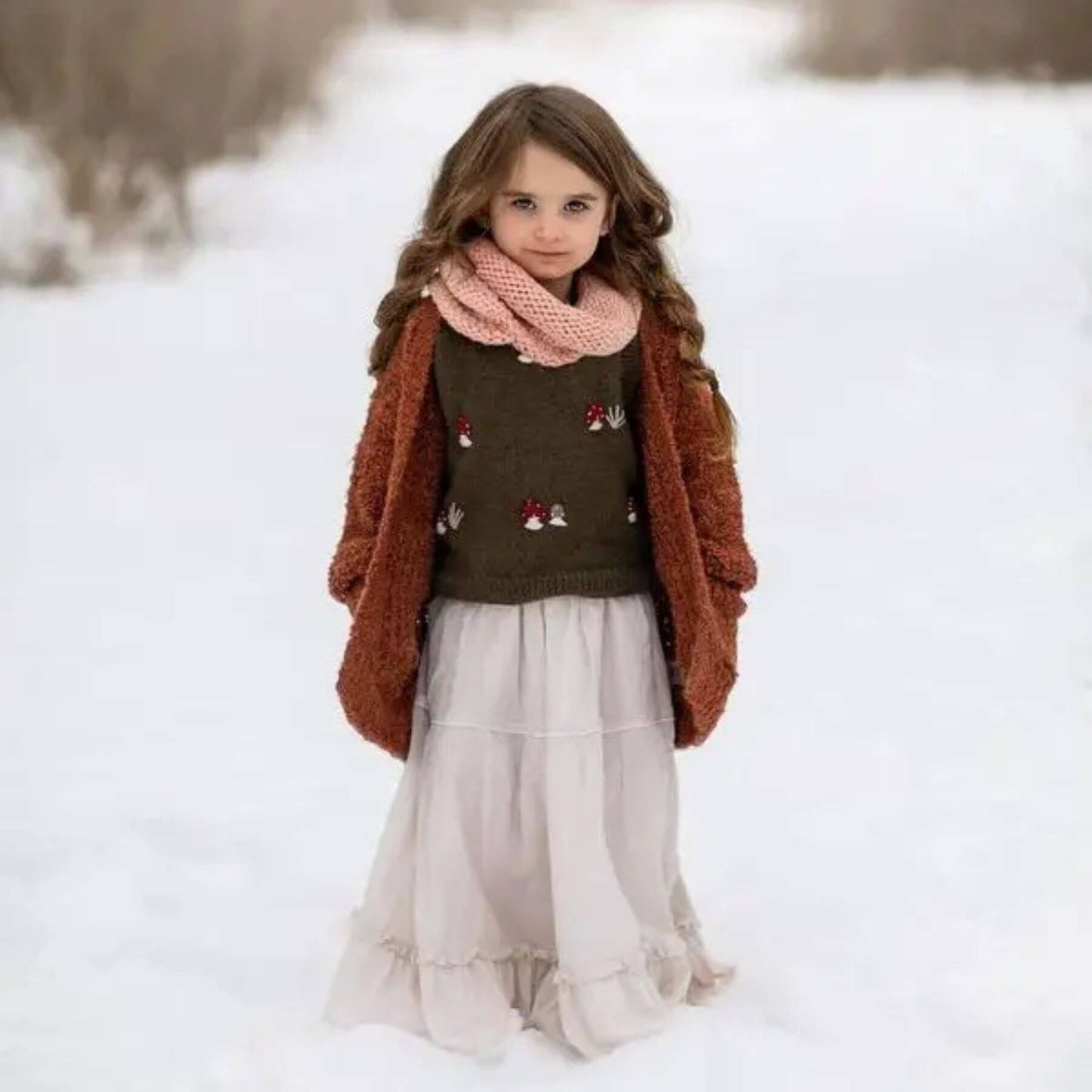 Girl Wearing Mushroom Embroidery Knit Top