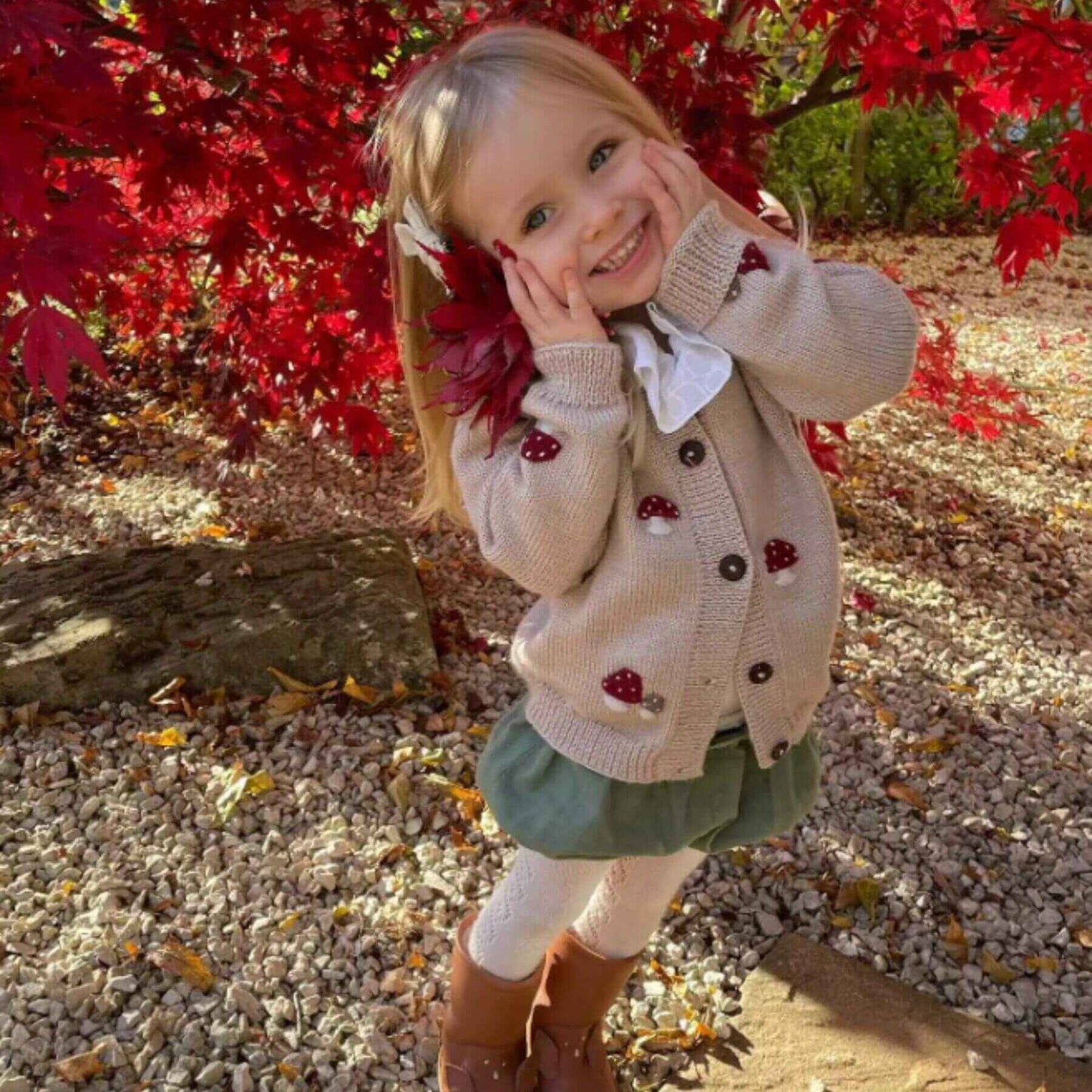 Girl Wearing Mushroom Embroidery Knit Top