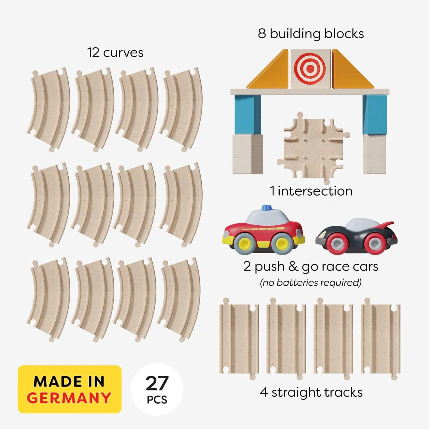 Toy train set components including curves, building blocks, intersection, push and go race cars, and straight tracks on a white background.