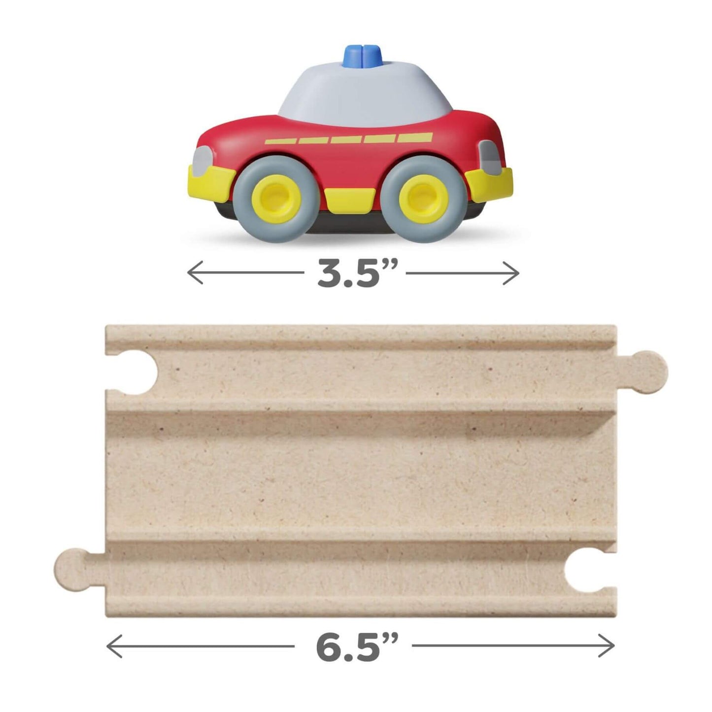Toy fire truck and wooden track with measurements on a white background