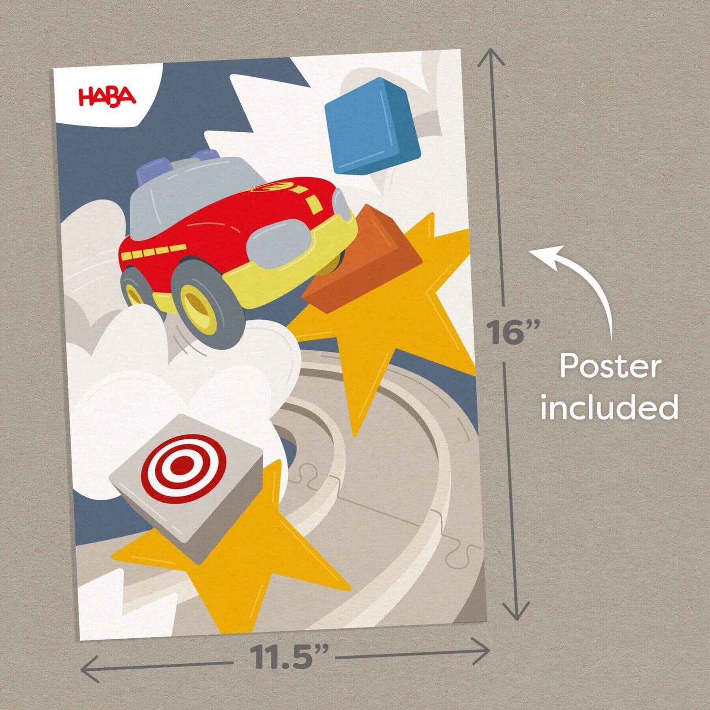 HABA poster with a toy car and blocks design, including dimensions and 'Poster included' text.