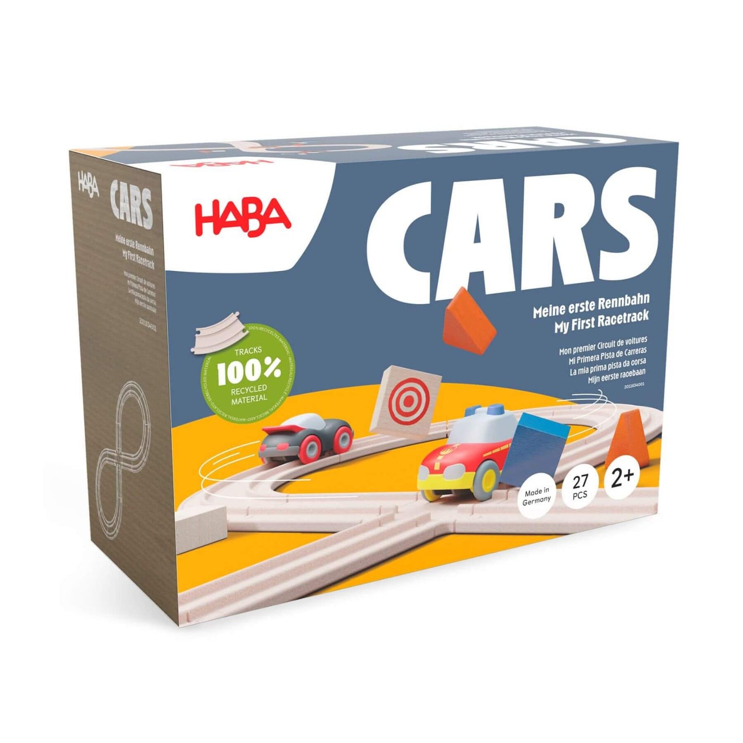 HABA 'CARS' toy packaging with wooden track set on a white background