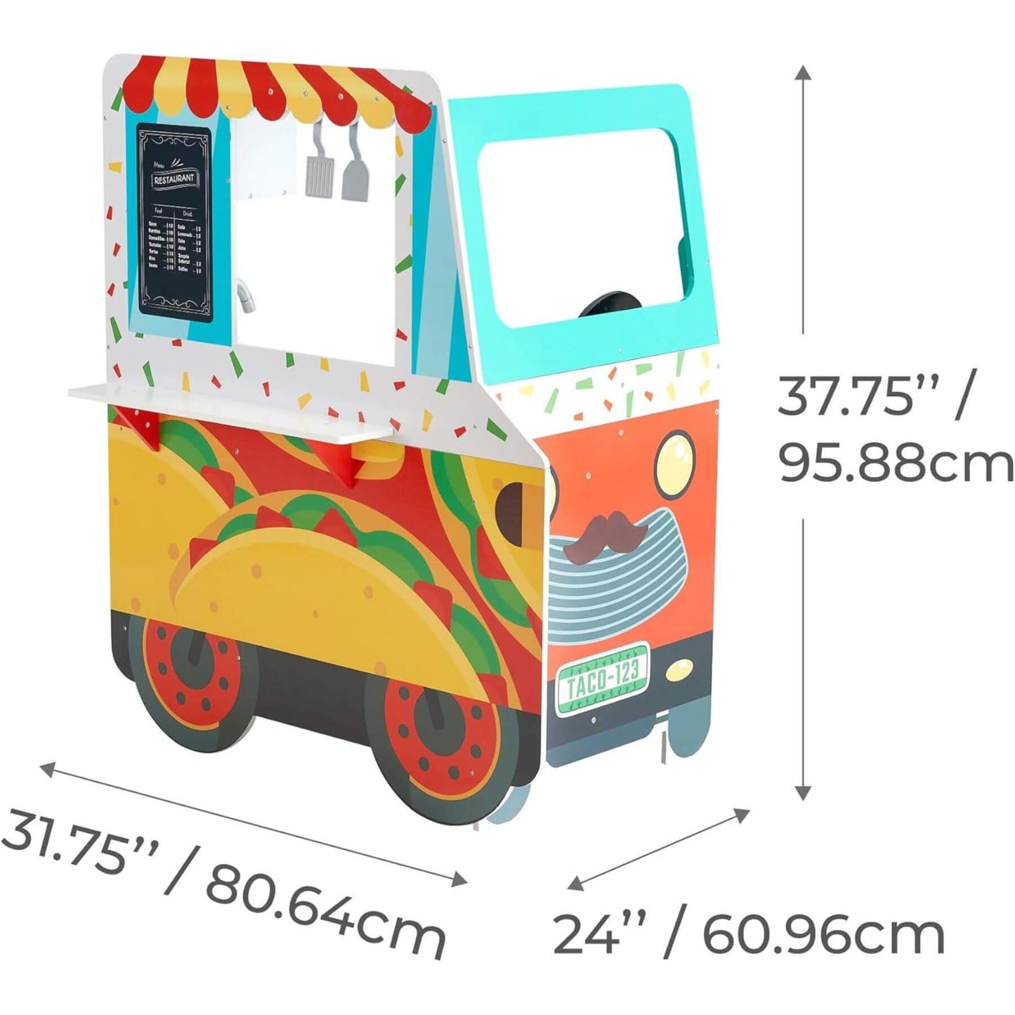 Teamson Kids My Little Helper Kids Play Taco Truck Playset with dimensions indicated on a white background