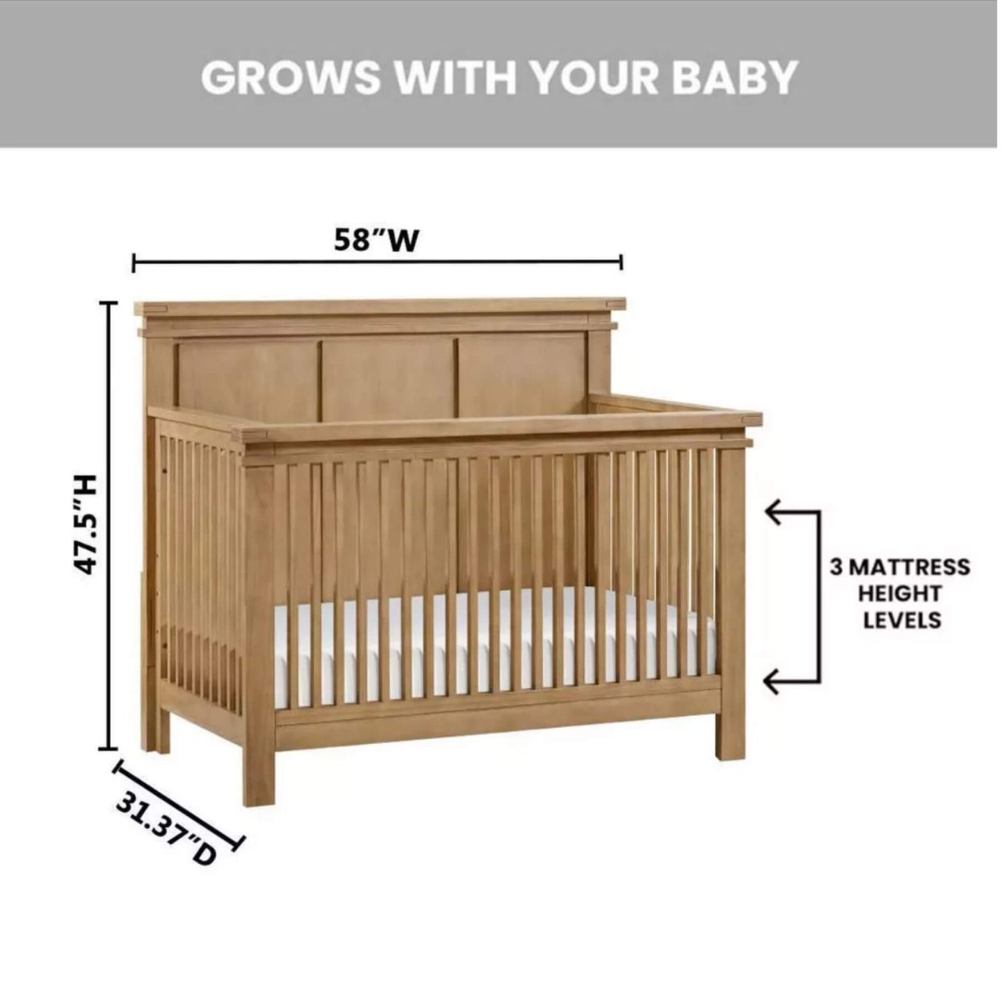 Mystic 4 in 1 Convertible Crib Honey Wood with dimensions labeled on a white background