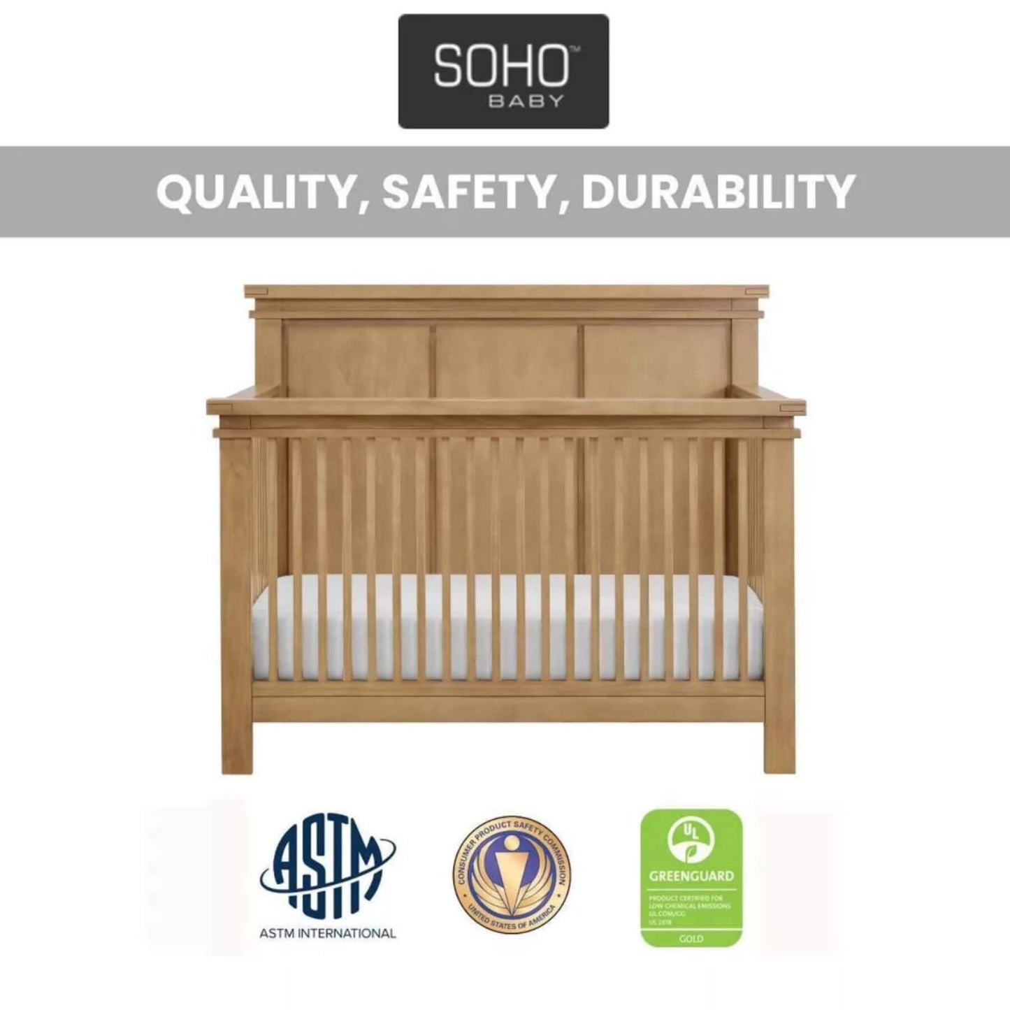 Mystic 4 in 1 Convertible Crib Honey Wood with 'Soho Baby' branding and certification logos on a white background