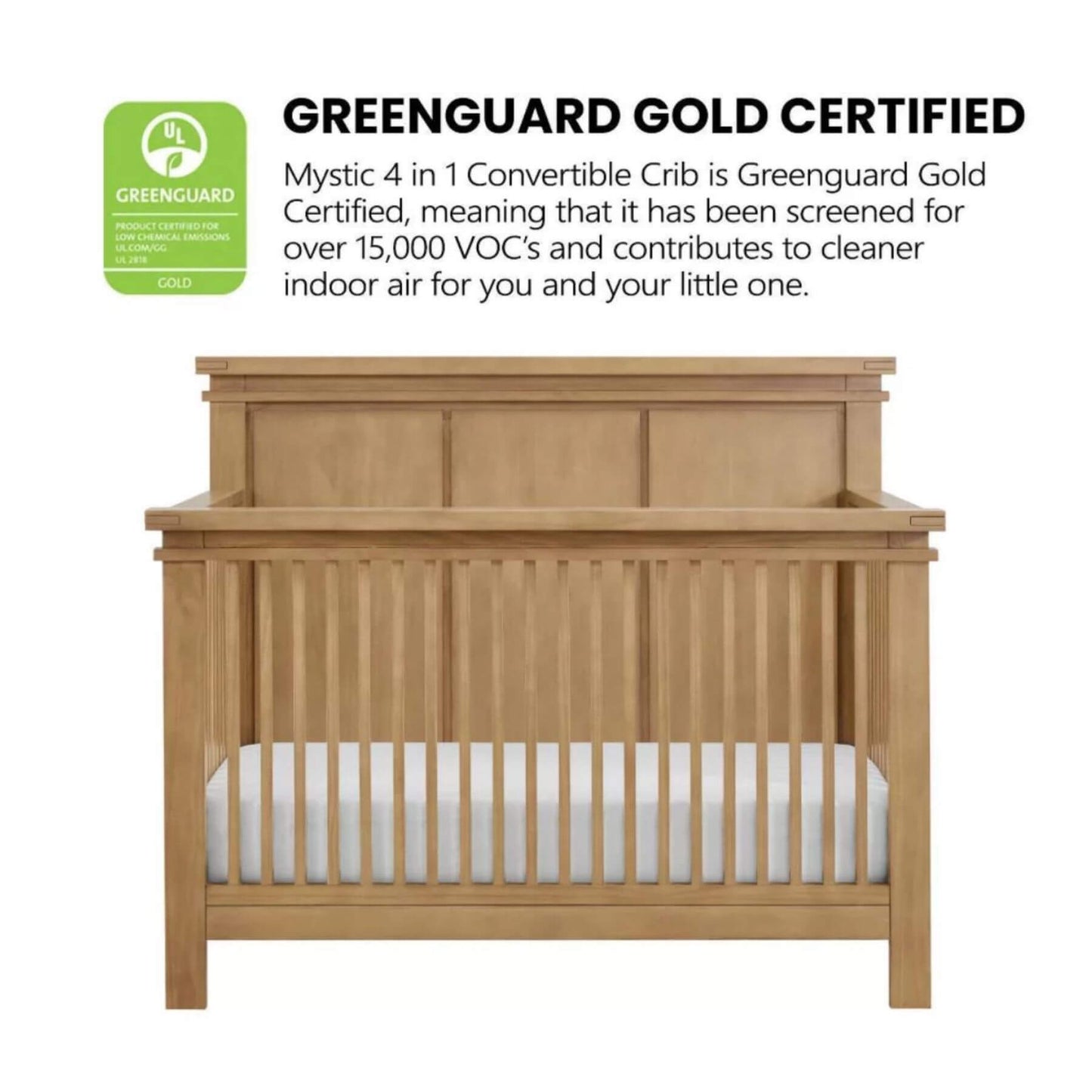 Mystic 4 in 1 Convertible Crib Honey Wood with Greenguard Gold certification label on a white background