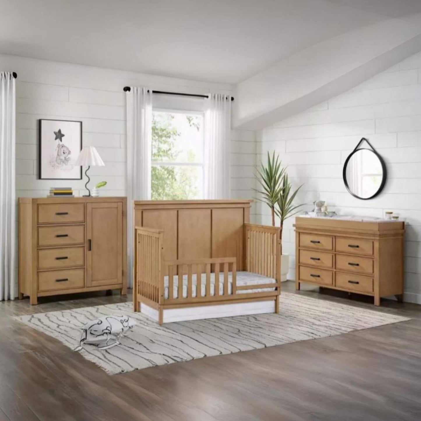 Nursery room with Mystic crib, dresser, and chest of drawers.