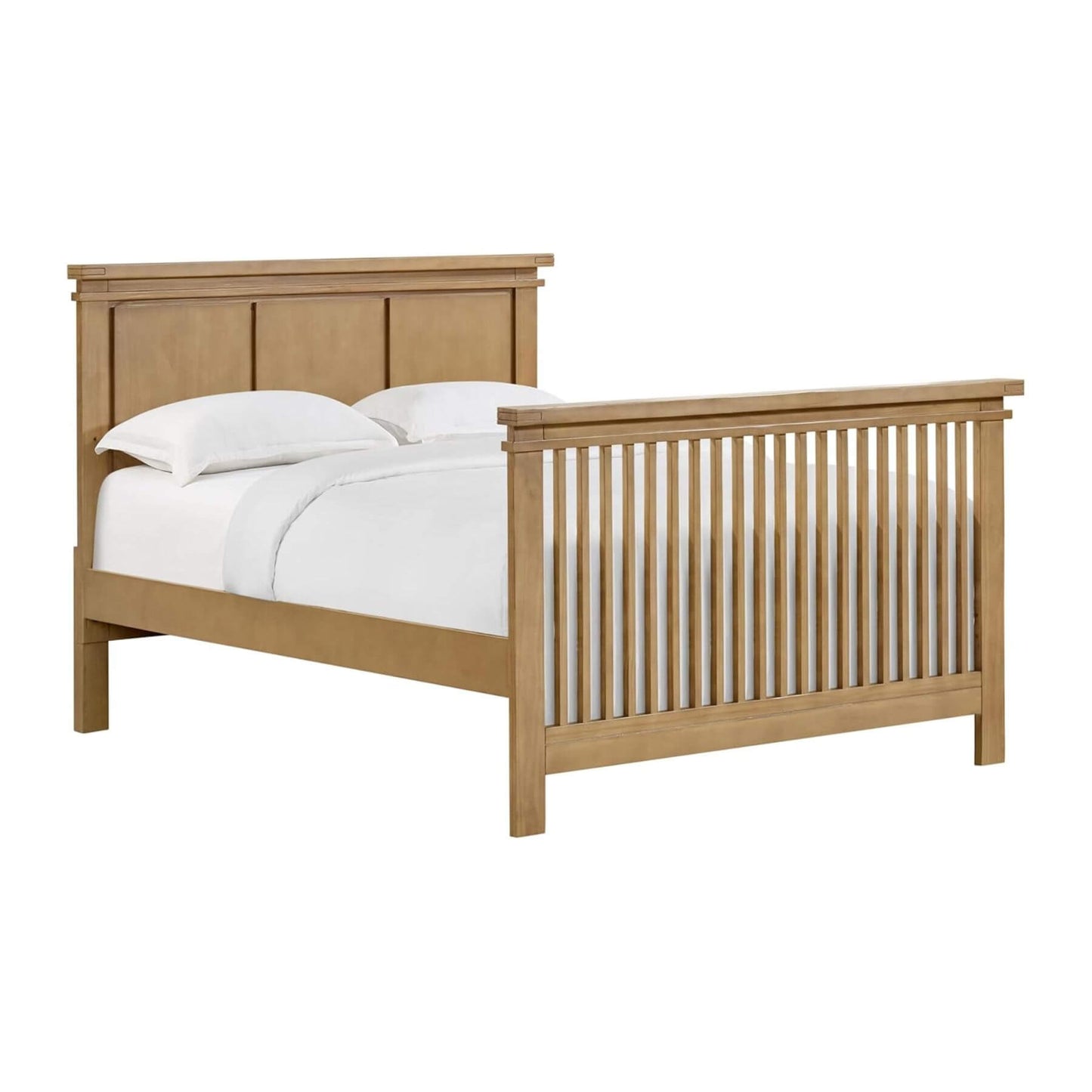 Mystic bed with white bedding on a white background