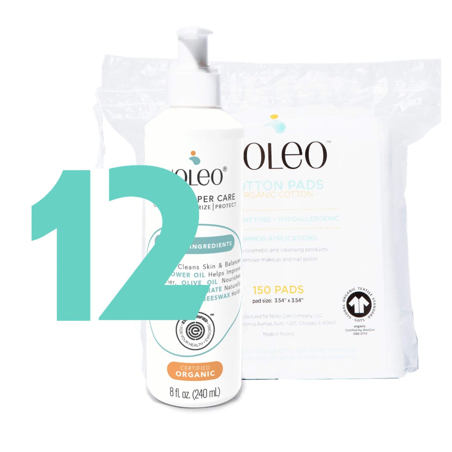 OLEO cotton pads packaging with a large number 12 on a white background