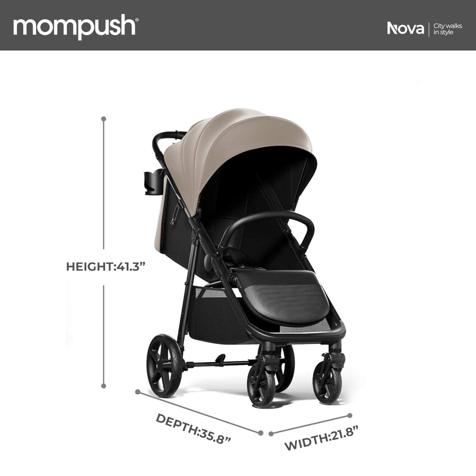 Nova Stroller Khak with dimensions on a white background