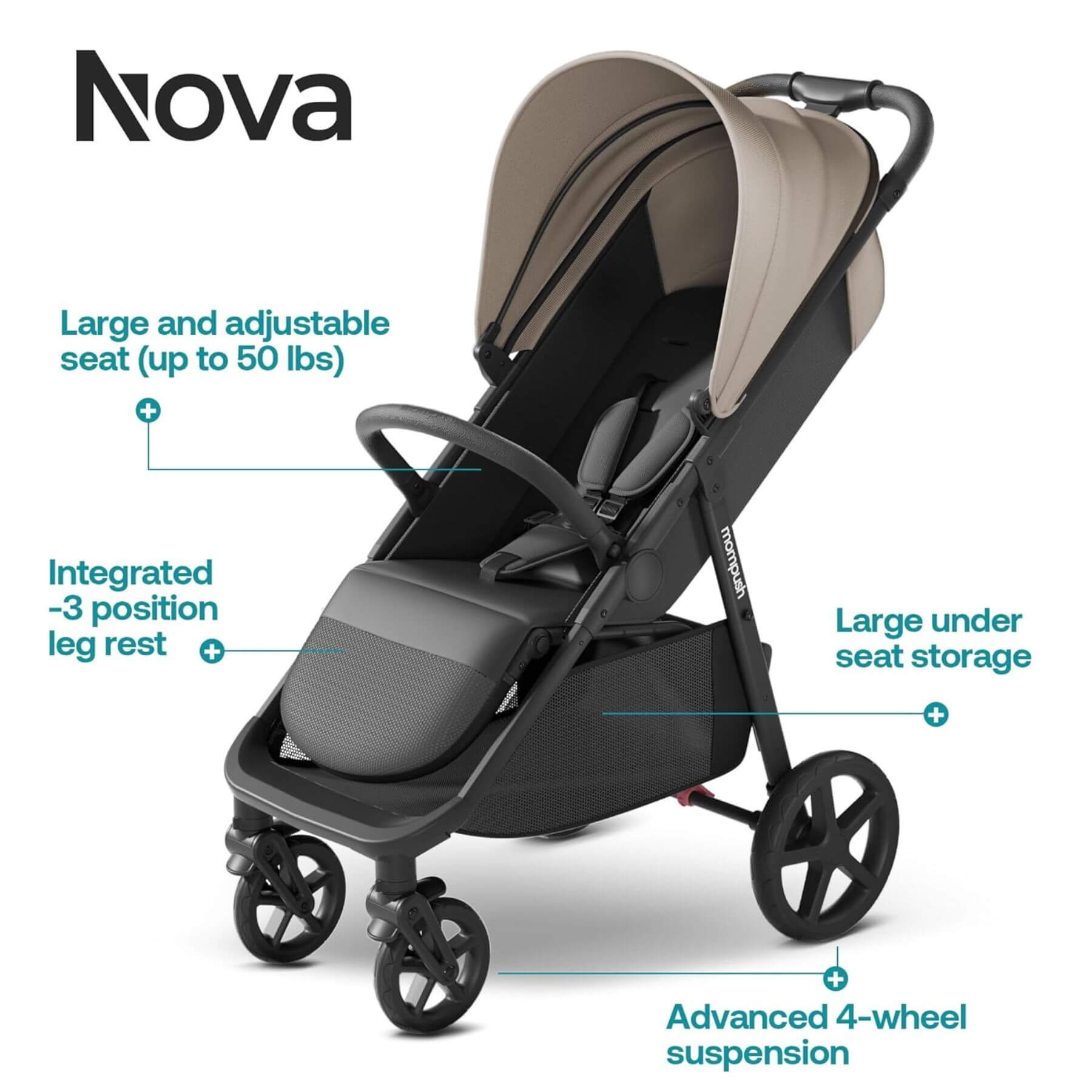 Nova Stroller Khak with features highlighted on a white background