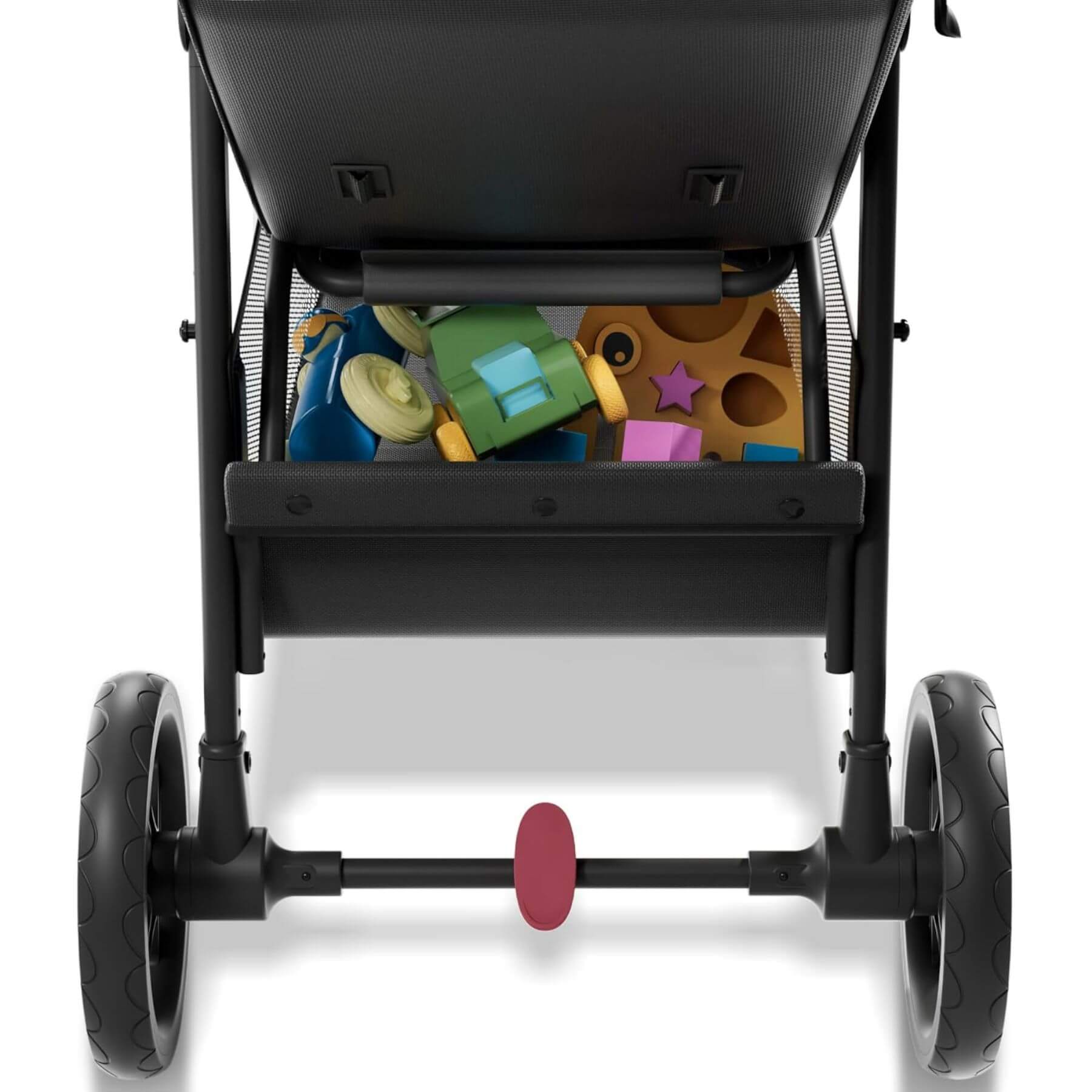 Nova Stroller Khak with colorful toys inside on a white background