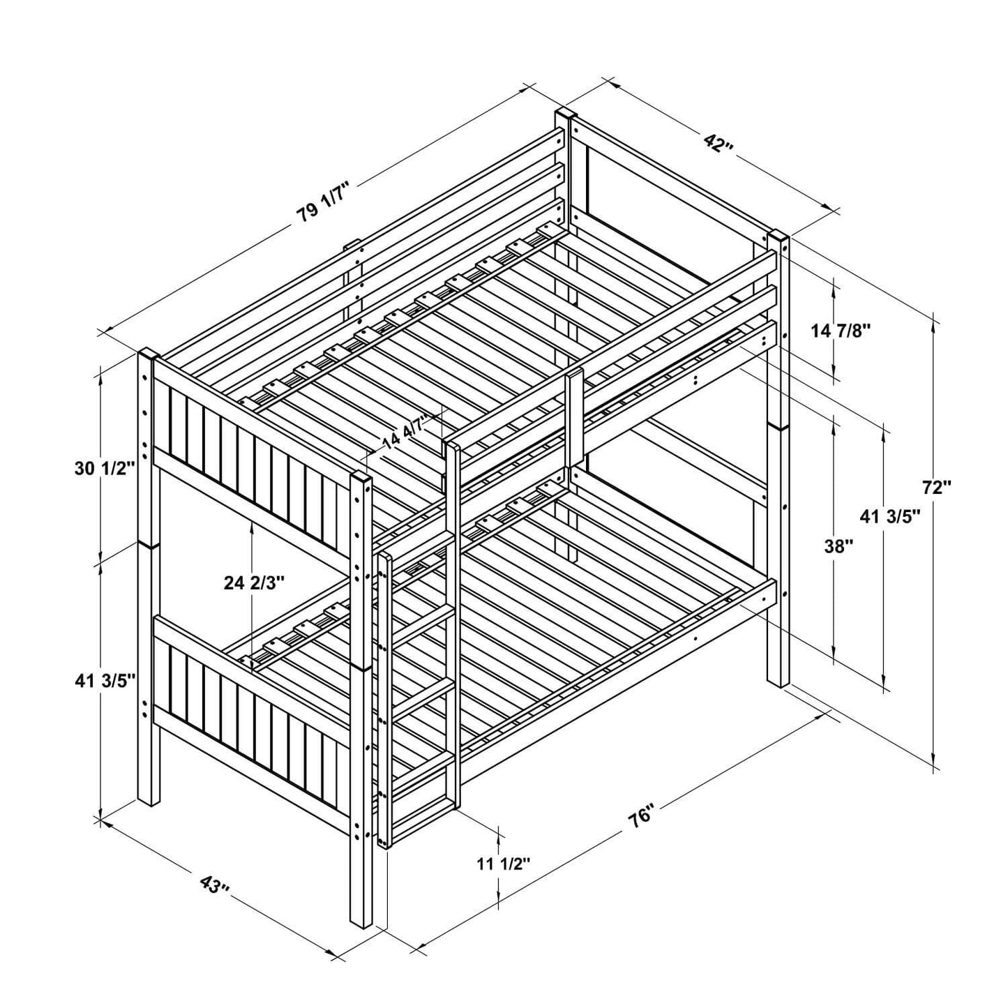 Orbelle Bunk Bed Twin over Twin Model 7278 White - Dimensions