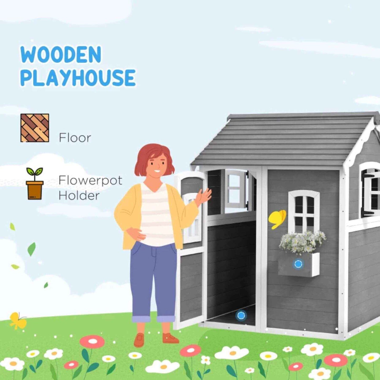 Outsunny Outdoor Wooden Playhouse for Kids Gray