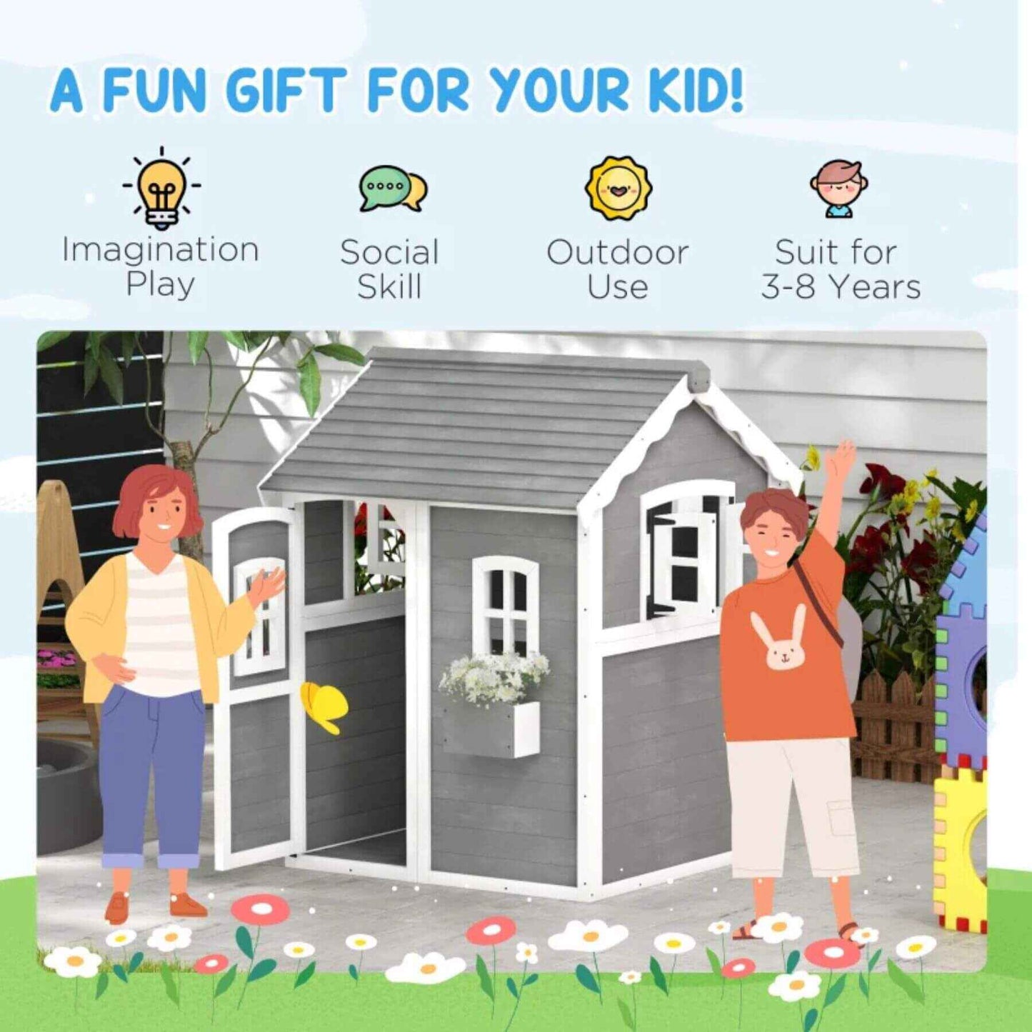 Outsunny Outdoor Wooden Playhouse for Kids Gray