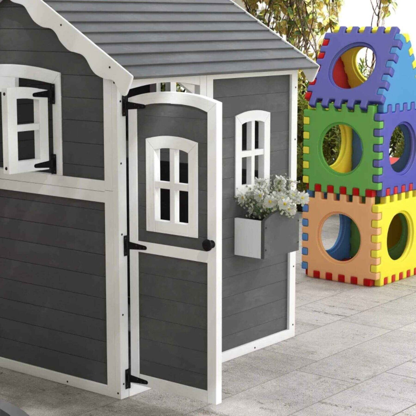 Detail of Outsunny Outdoor Wooden Playhouse for Kids Gray