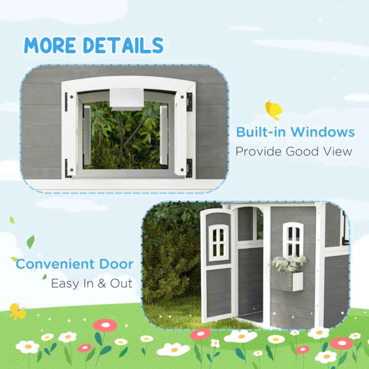 Details of Outsunny Outdoor Wooden Playhouse for Kids Gray