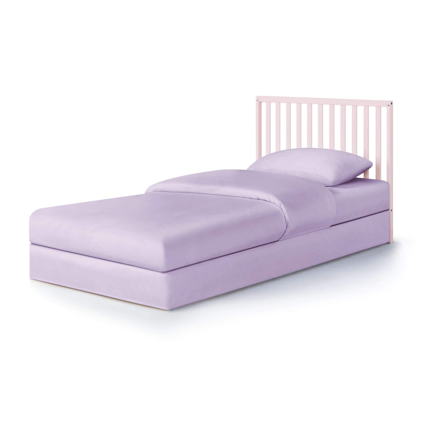 Pink bed with lavender bed with matching pillow on a white background