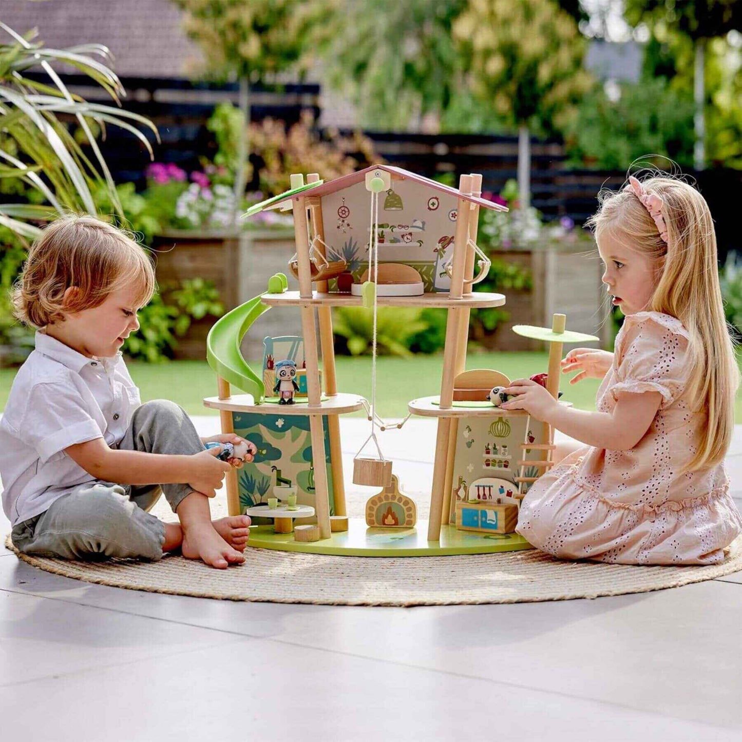 Kids Playing Hape Pandas’ Bamboo House