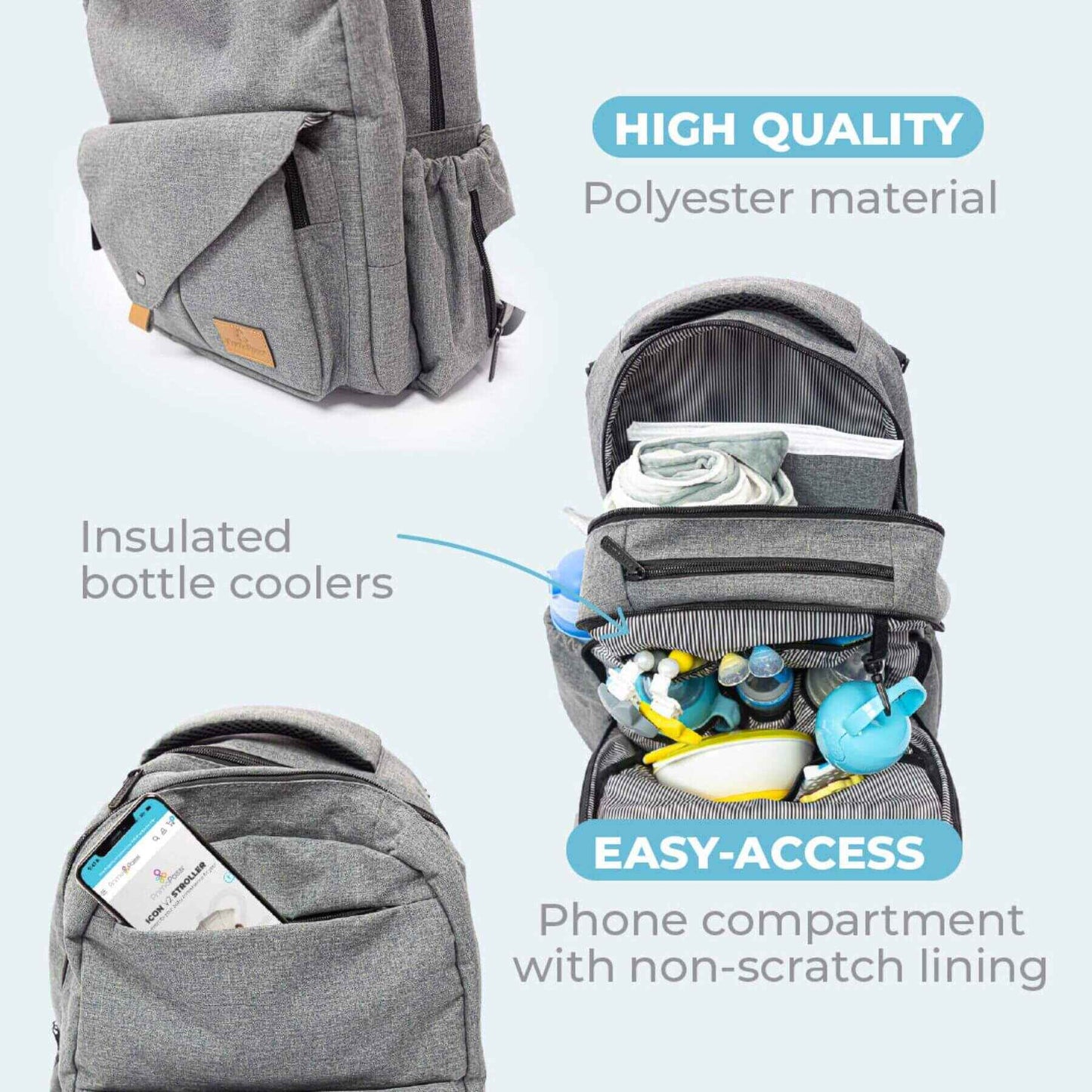 PerTutti Baby Backpack Diaper Bag with insulated bottle coolers and easy-access phone compartment on a light blue background