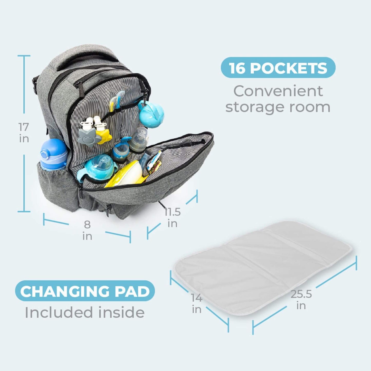 PerTutti Baby Backpack Diaper Bag with baby items and changing pad, showing dimensions on a light blue background