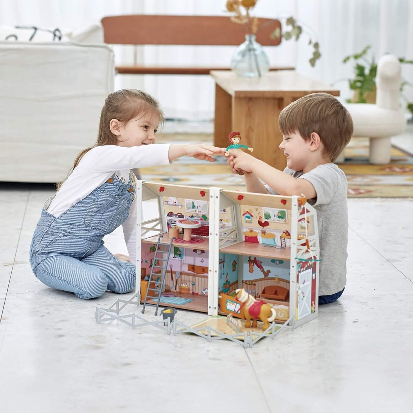 Two Kids Playing Hape Pony Club Ranch