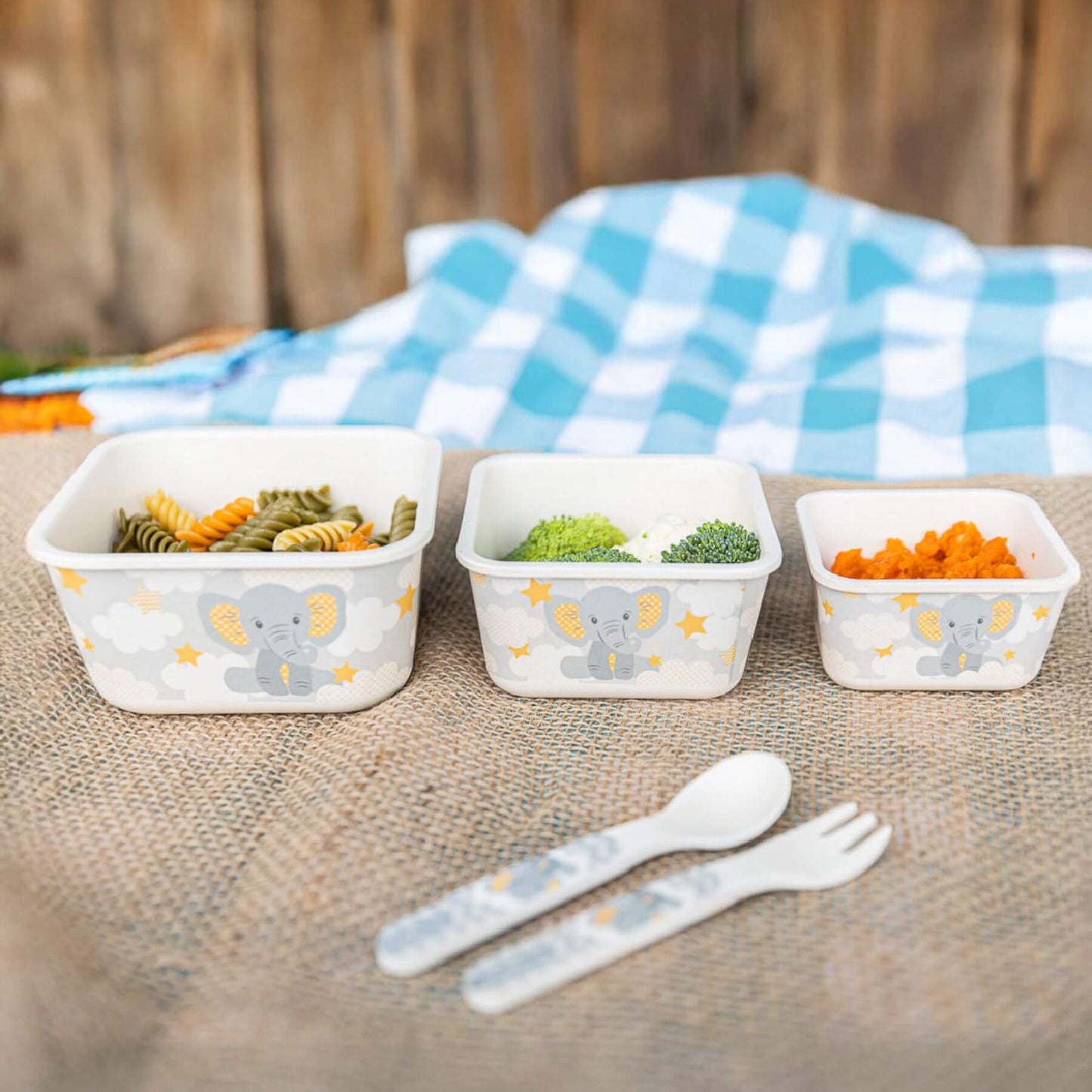 Primo Passi Bamboo Fiber Kids Food Containers, Set of 3, Little Elephant with food