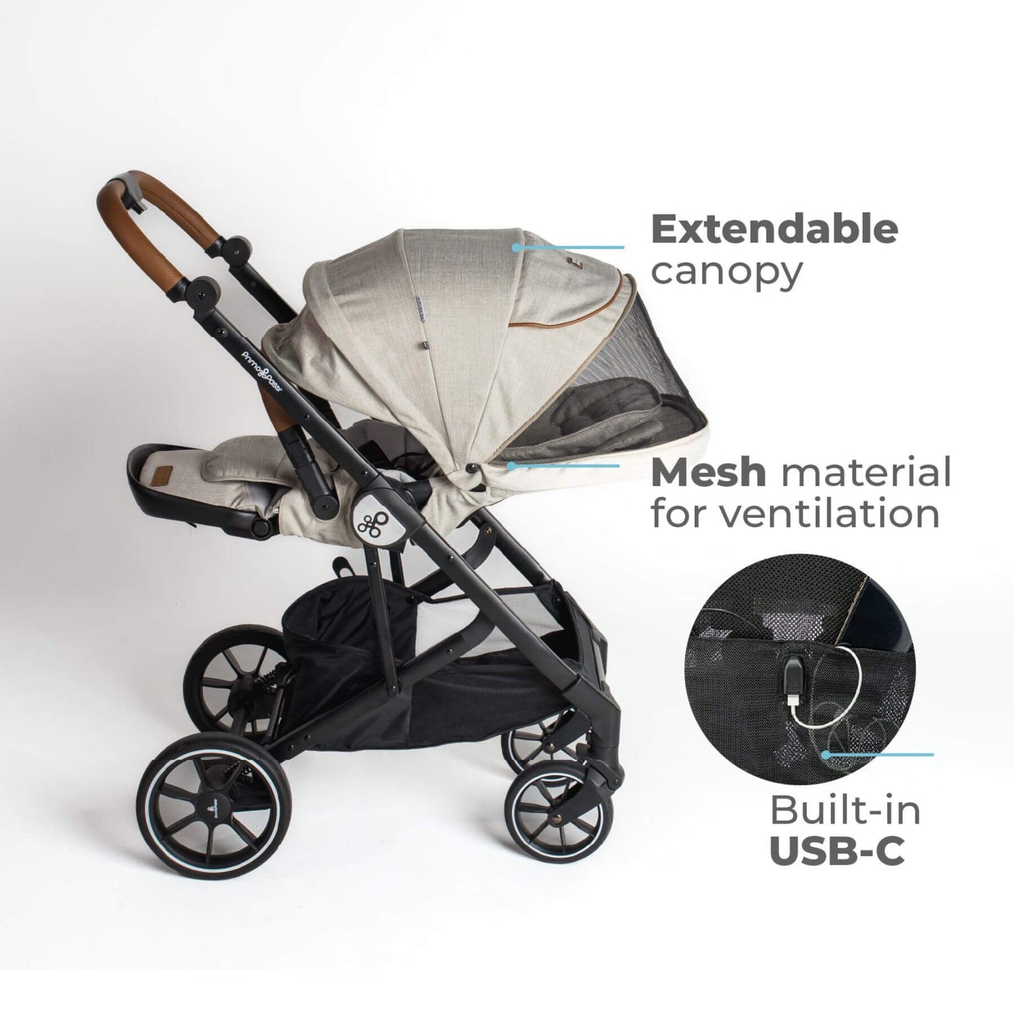 Stroller with extendable canopy, mesh material for ventilation, and built-in USB-C on a white background.