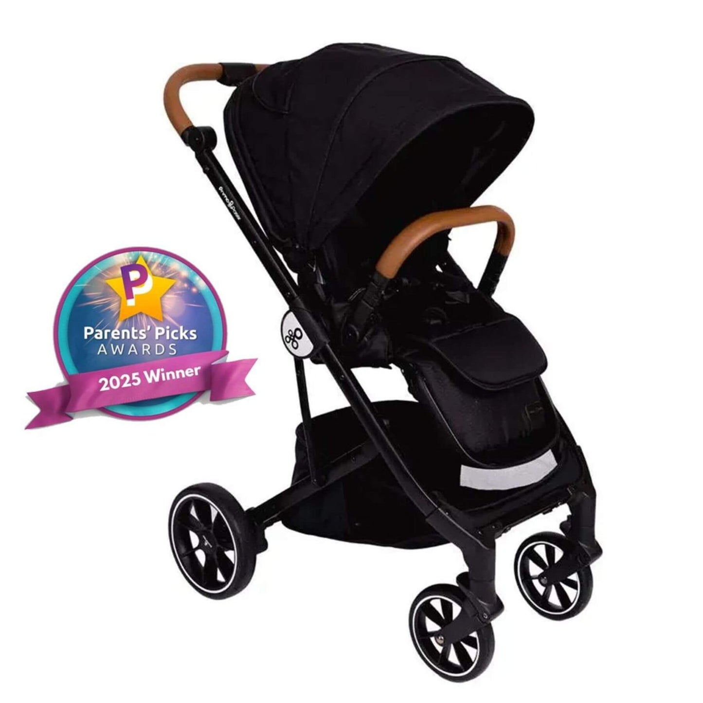 Primo Passi Icon Baby Stroller V2 Black with a 'Parents' Picks Awards 2025 Winner' badge on a white background
