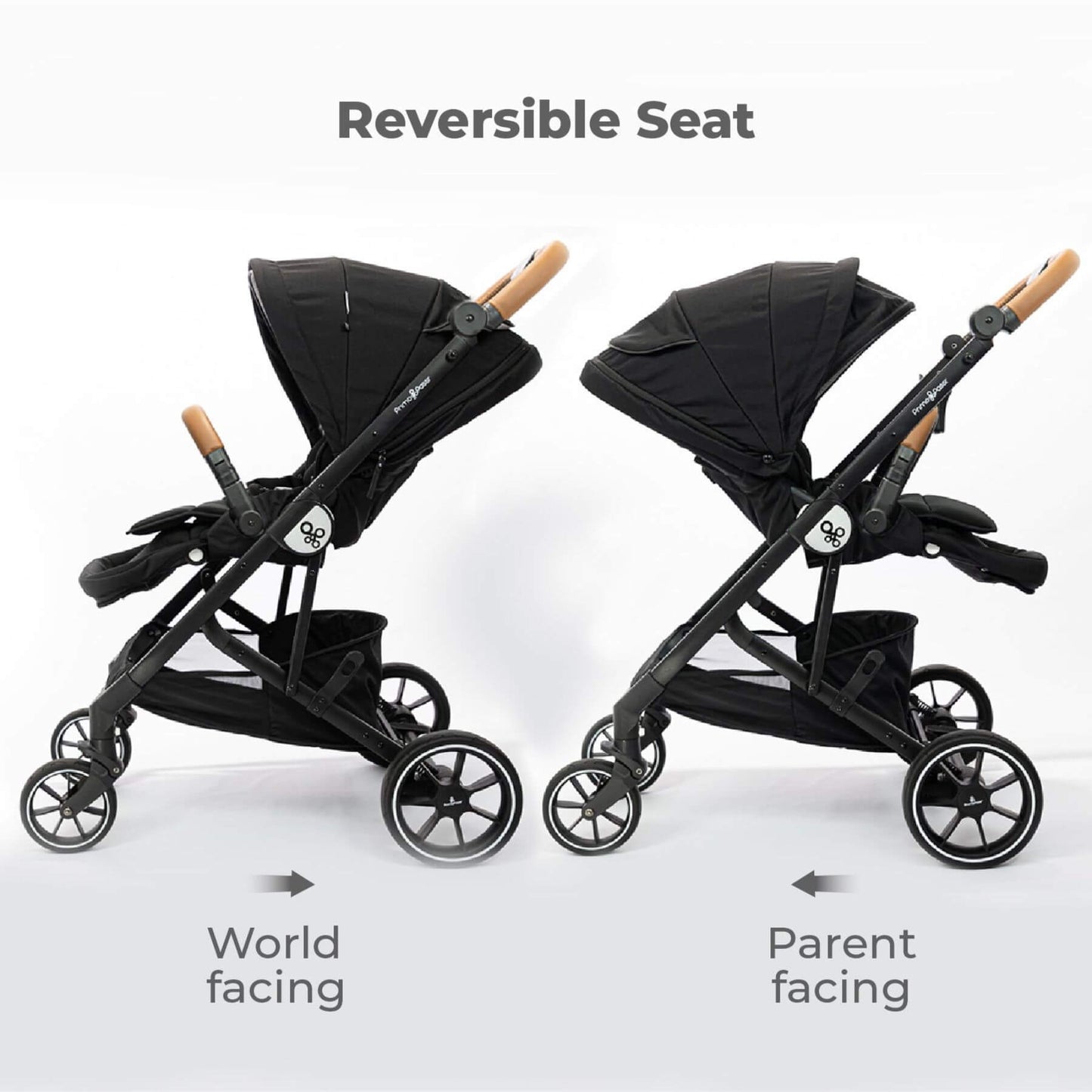 Primo Passi Icon Baby Stroller V2 Black with reversible seat feature on a white background