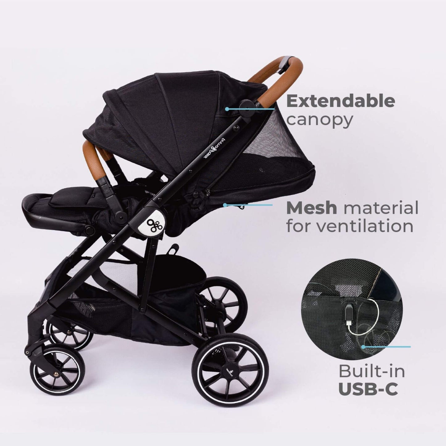Primo Passi Icon Baby Stroller V2 Black with extendable canopy and mesh material feature on a white background