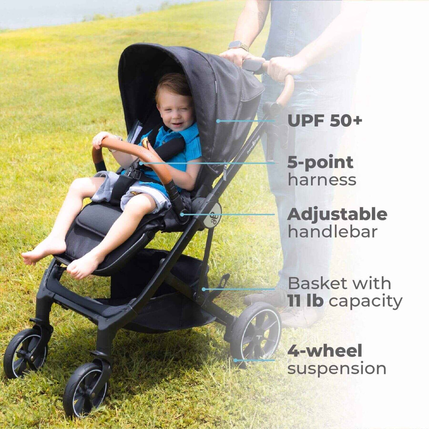 Child in Primo Passi Icon Baby Stroller V2 Grey with highlighted features on a grassy background