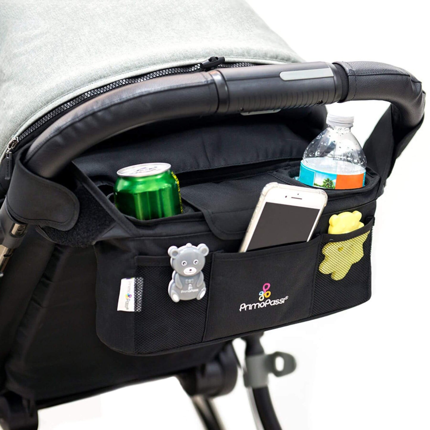 Primo Passi Stroller Handle Organizer with drink holders, phone case, and water bottle