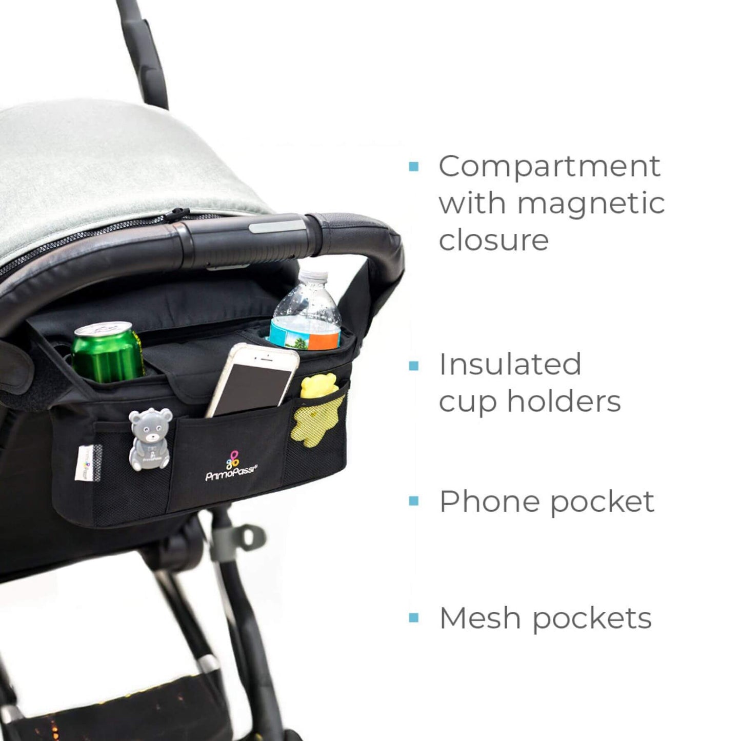 Primo Passi Stroller Handle Organizer with compartments and drink holders