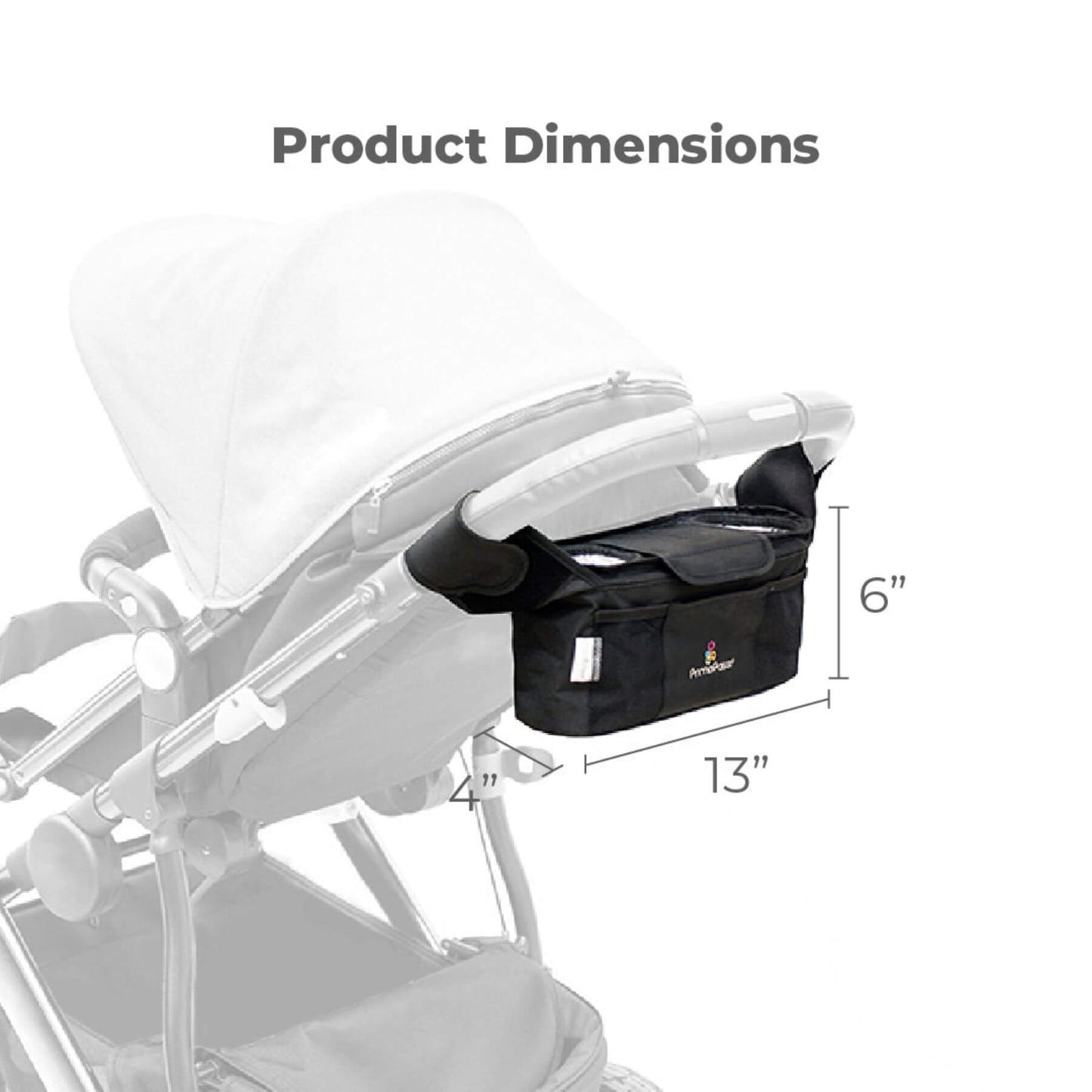 Primo Passi Stroller Handle Organizer with dimensions displayed