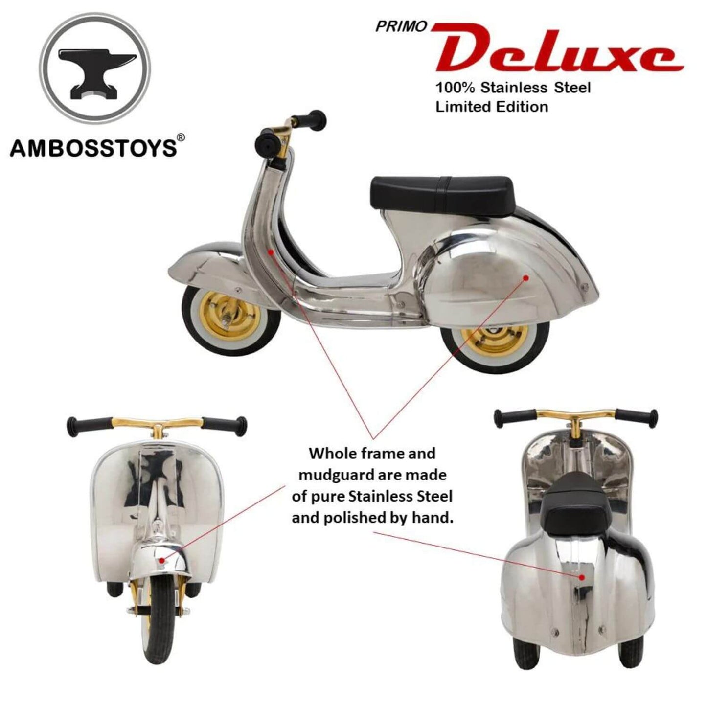 Primo Ride On Kids Toy DELUXE Stainless Steel (Limited Edition) - Features