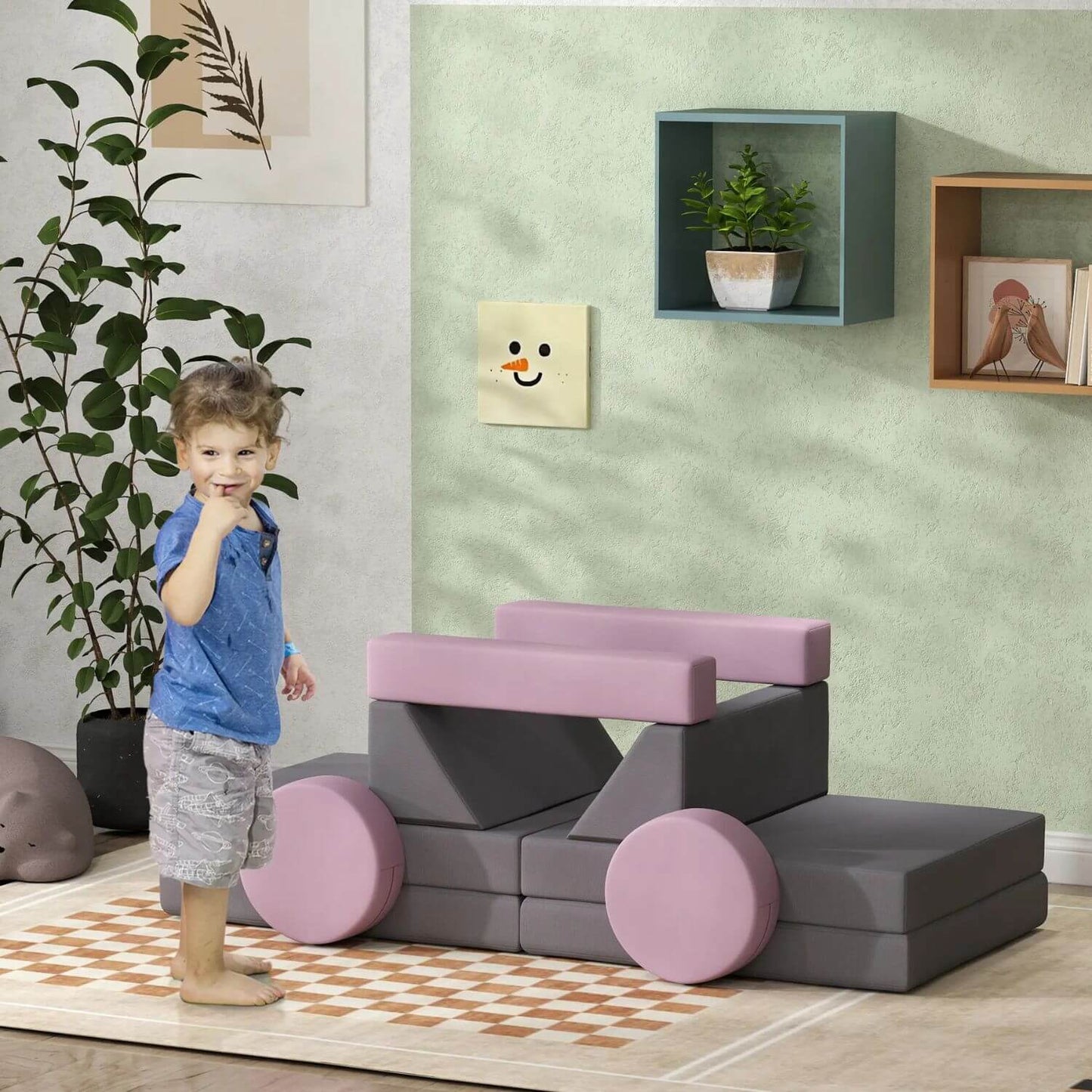 Boy Standing next to Qaba 12 Pieces Foam Climbing Blocks for Toddlers, Gray & Pink