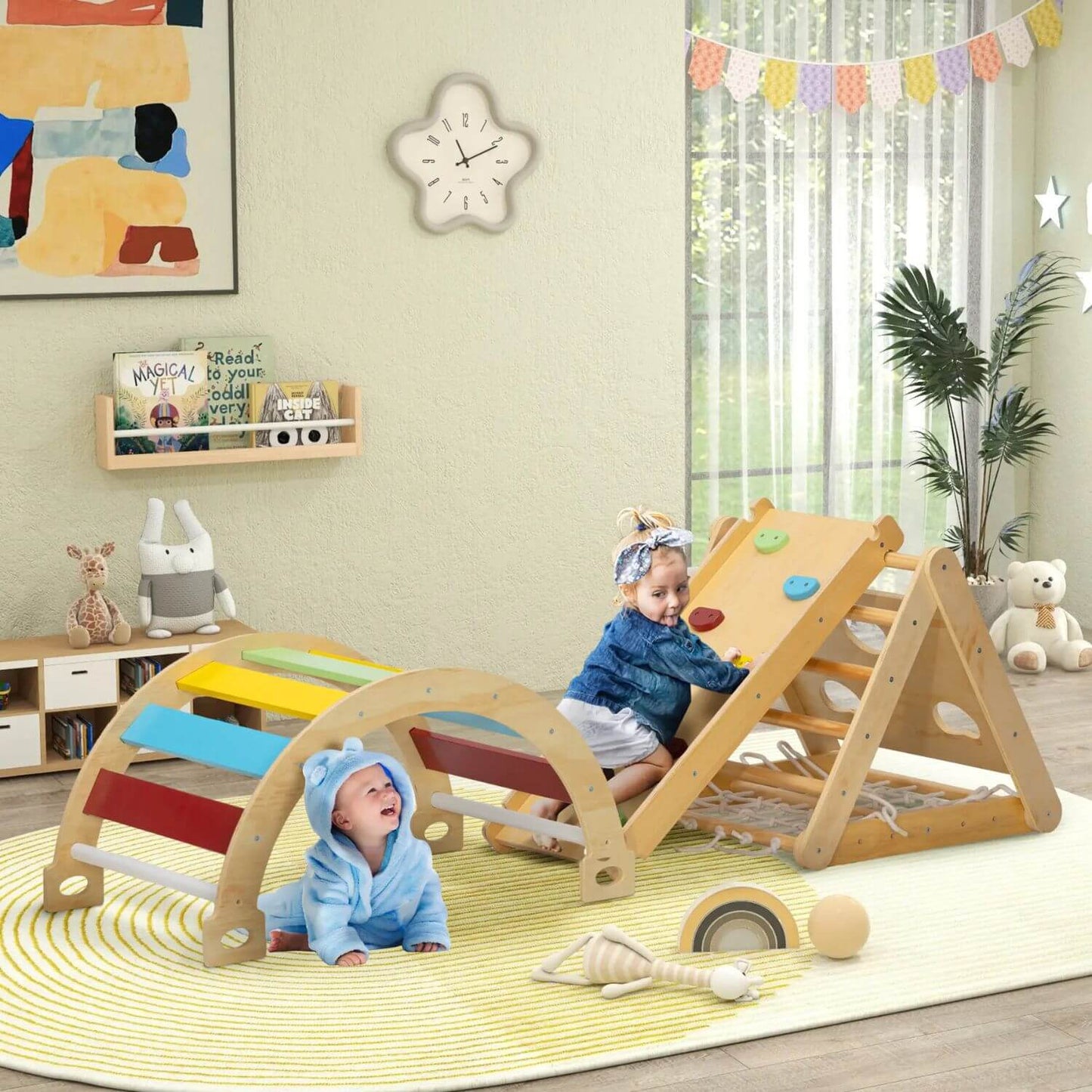 Kids Playing Qaba 7-in-1 Pikler Triangle Set Multicolored