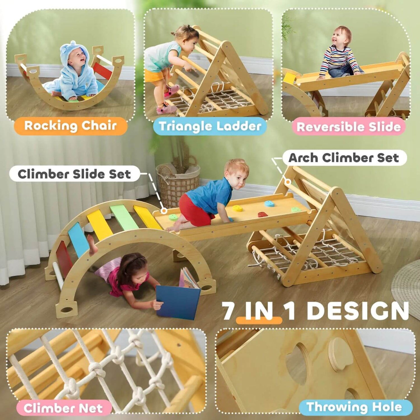 Kids Playing Qaba 7-in-1 Pikler Triangle Set Multicolored